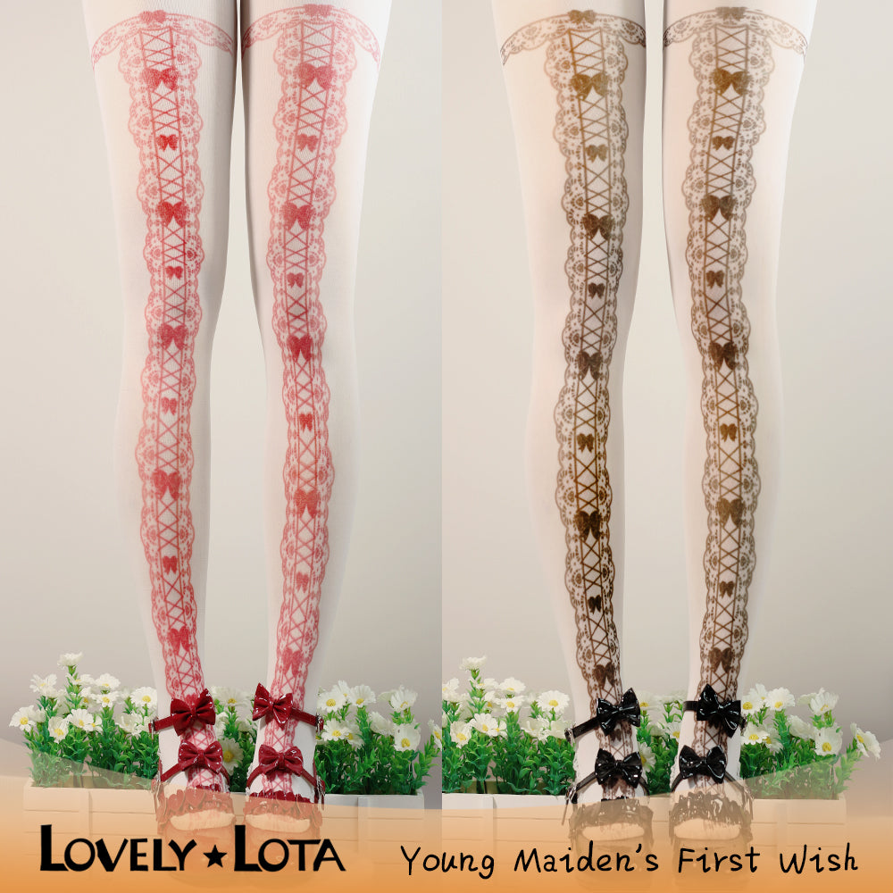【IN STOCK】LovelyLota Original Design 120D Velvet Pantyhose - Maiden's Aspiration Bow Print Lolita Tights for Girls