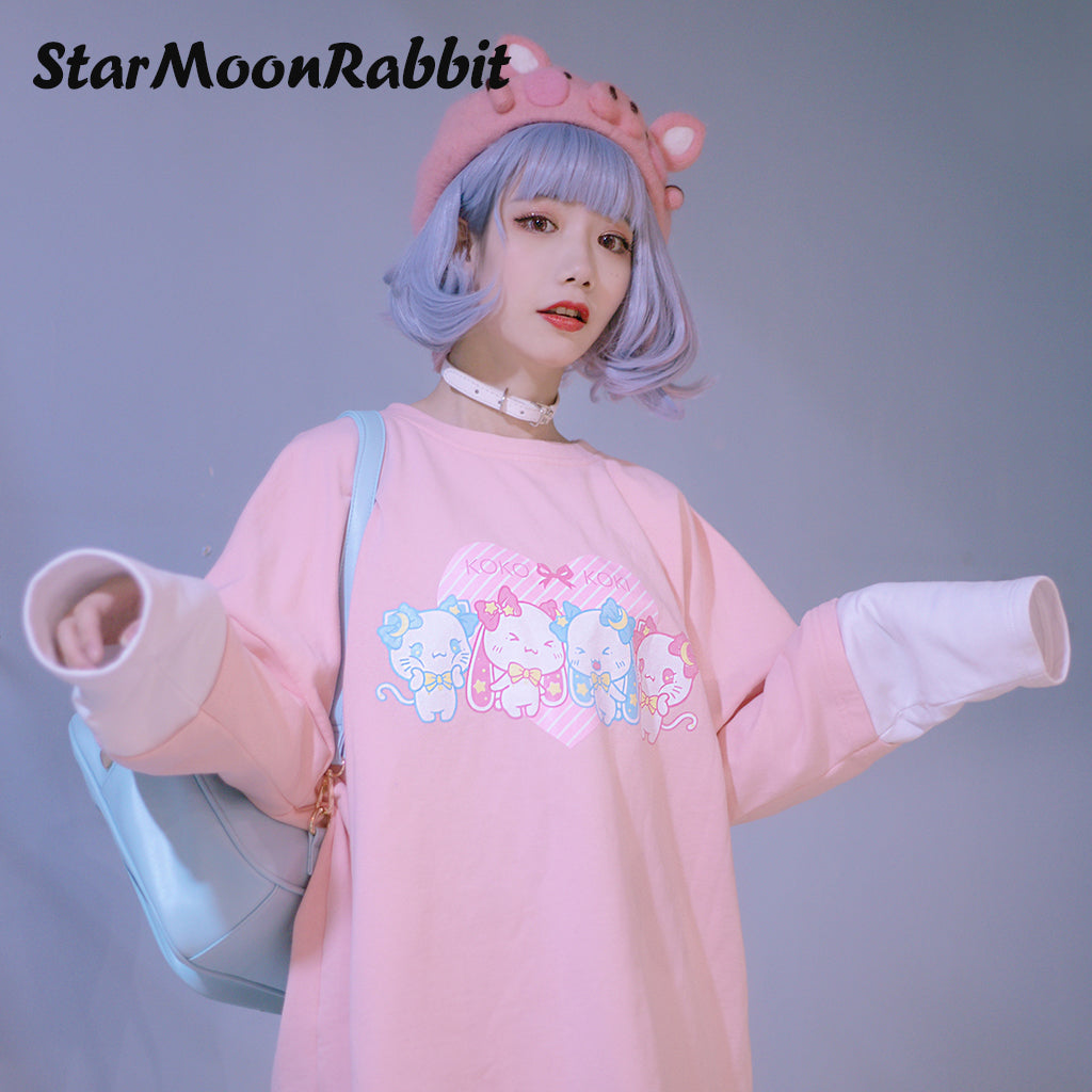 【IN STOCK】Original Moon-Star-Rabbit IP Pink Raglan Sleeve Illustration Printed Pullover