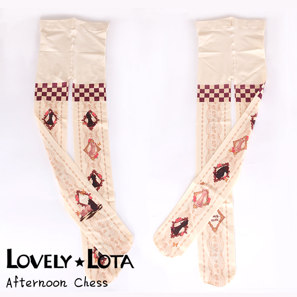[In Stock] LovelyLota Original Chess Chocolate 120D Velvet Lolita Printed Tights for Women