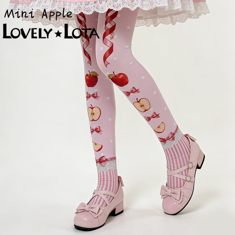 【IN STOCK】LovelyLota Original Little Apple Print Lolita Tights, 120D Velvet High Elastic Cute Pantyhose for Women