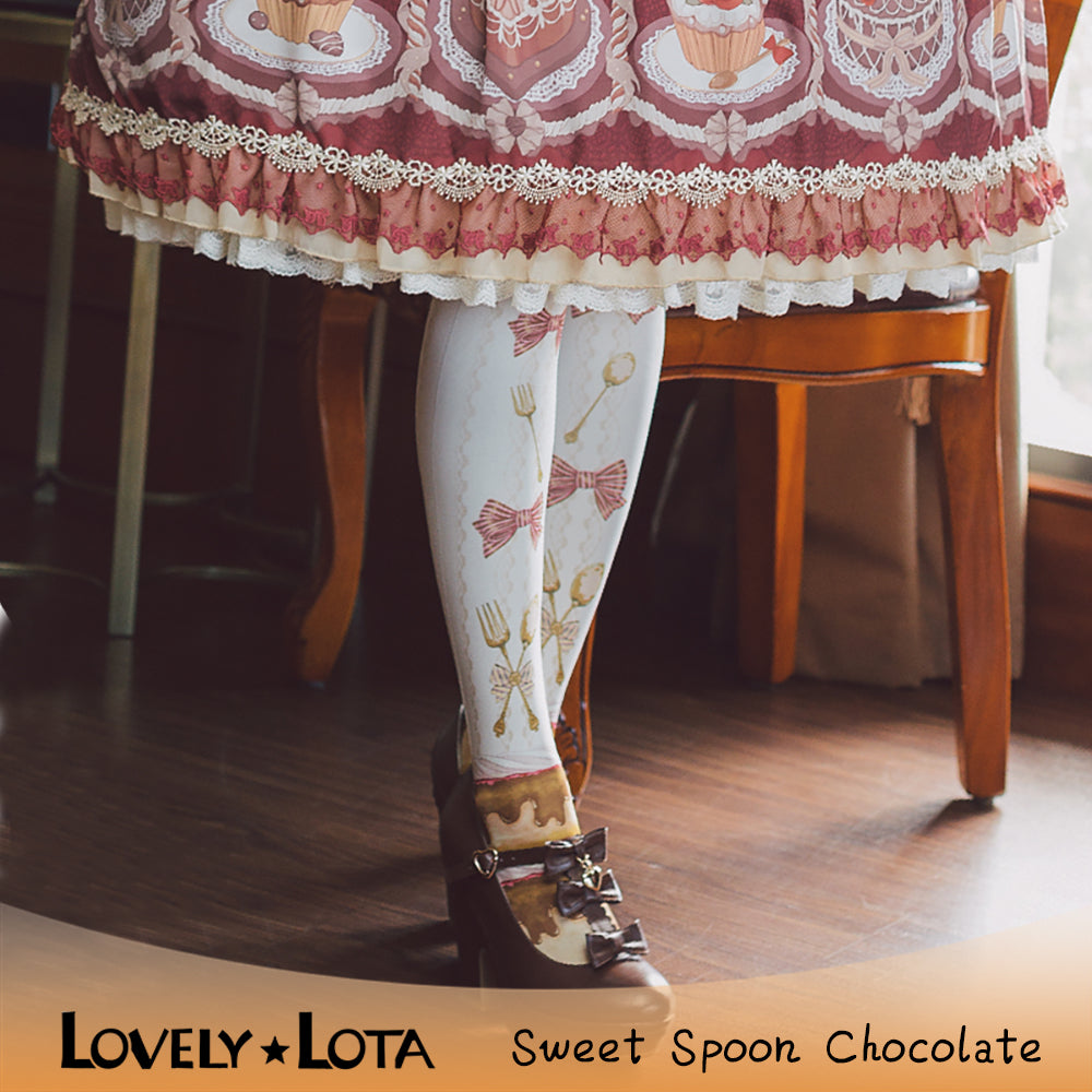 【IN STOCK】LovelyLota Original Sweet Spoon Chocolate Cute Cream Print Velvet Japanese-Style Lolita Pantyhose
