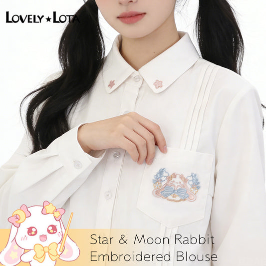【IN STOCK】LovelyLota Original Star & Moon Rabbit IP White Blouse, Cute Cartoon Soft Kawaii Embroidered Long Sleeve Shirt, Casual Daily Top