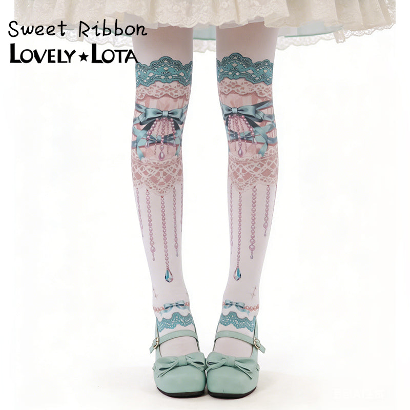 【IN STOCK】Maiden Seven Sweet Original Sweet Ribbon Luxury Lolita Printed Velvet Pantyhose, 120D For Women