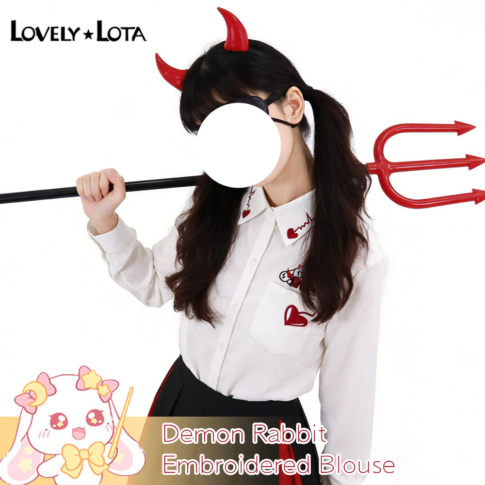 【IN STOCK】LovelyLota Original Demon Rabbit IP White Blouse, Cute Cartoon Halloween Embroidered Long Sleeve Shirt, Daily Casual Top