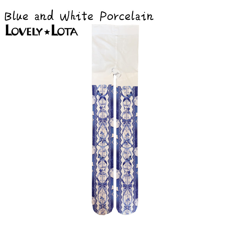 【IN STOCK】LovelyLota Original Blue and White Porcelain Gorgeous Lolita Print Tights, 120D Velvet Pantyhose for Women