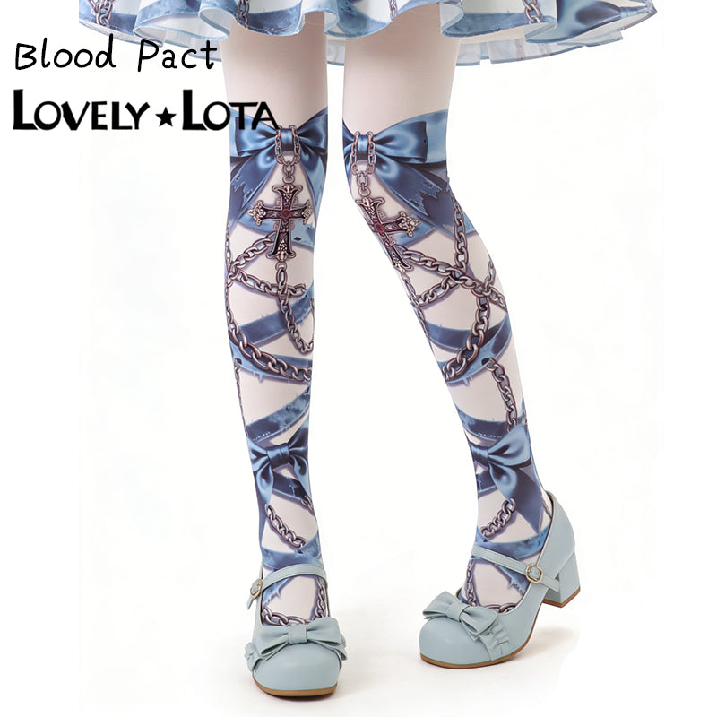 【IN STOCK】Original Crimson Contract Gothic Lolita Printed Pantyhose with Cross Pattern, 120D Velvet Stockings by Maiden Seven Sweet