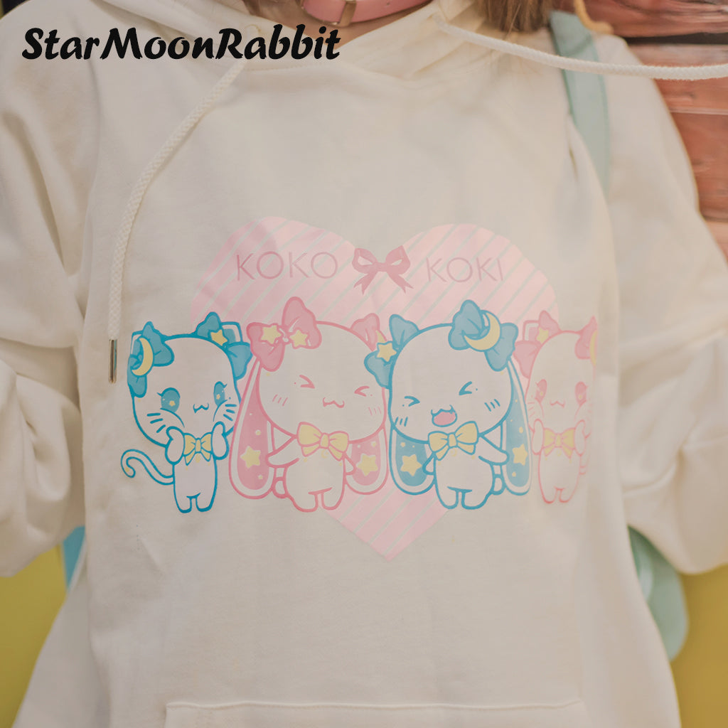 【IN STOCK】Original IP Moon-Star-Rabbit Sweatshirt: Cute Illustration Printed Long-Sleeve White Hoodie
