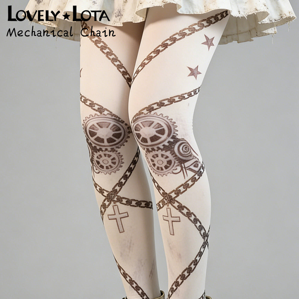 【IN STOCK】LovelyLota Original Mechanical Punk Lolita Printed Tights - 80D Original Designed Printed Pantyhose