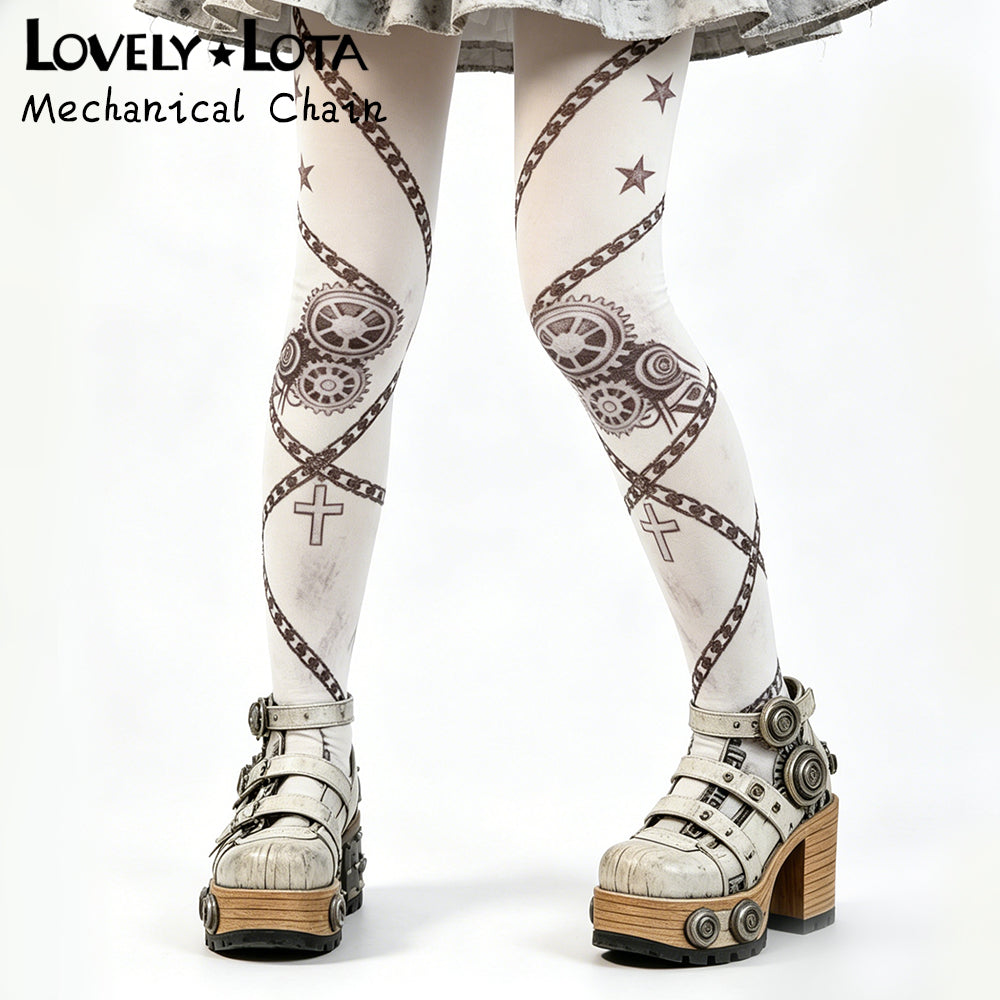【IN STOCK】LovelyLota Original Mechanical Punk Lolita Printed Tights - 80D Original Designed Printed Pantyhose
