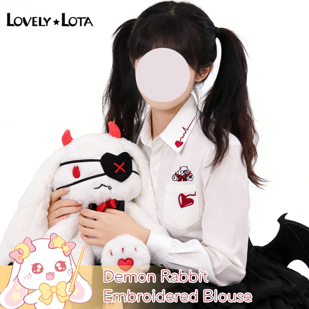 【IN STOCK】LovelyLota Original Demon Rabbit IP White Blouse, Cute Cartoon Halloween Embroidered Long Sleeve Shirt, Daily Casual Top