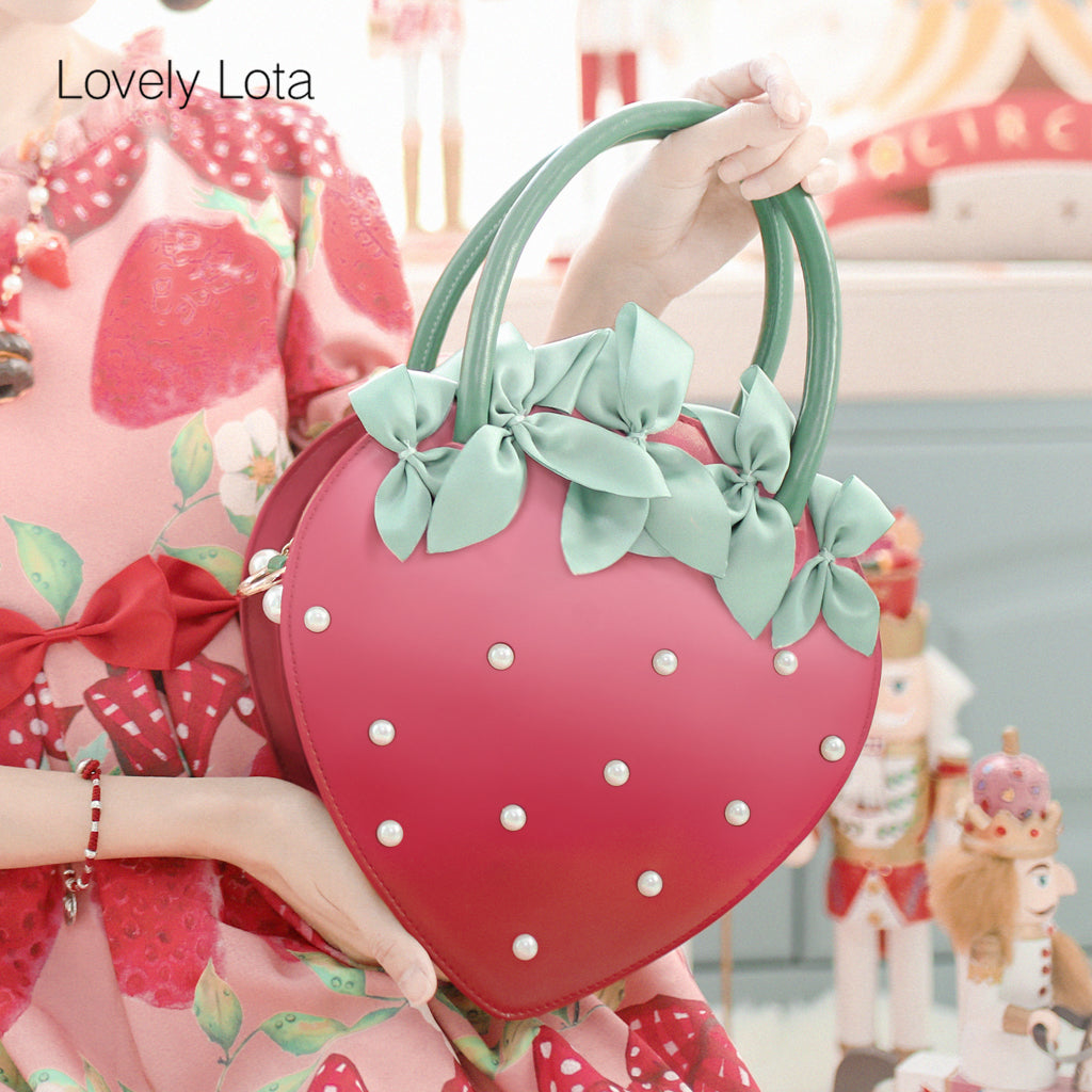 LovelyLota Small Strawberry Pearl Red Bow Tote Crossbody Lolita Bag