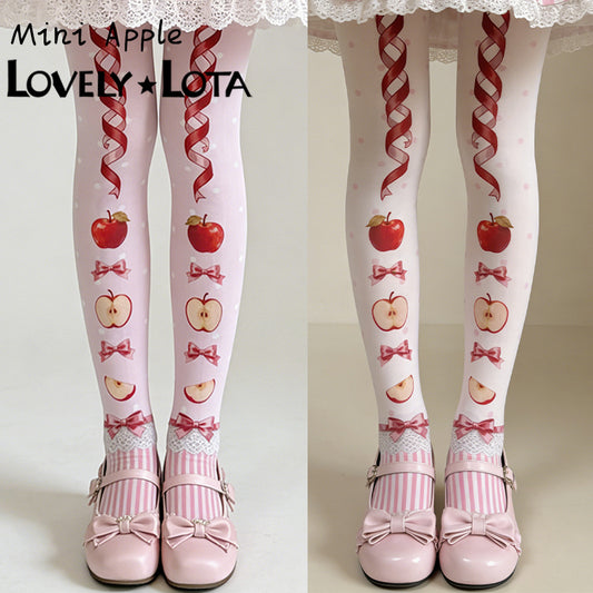 【IN STOCK】LovelyLota Original Little Apple Print Lolita Tights, 120D Velvet High Elastic Cute Pantyhose for Women