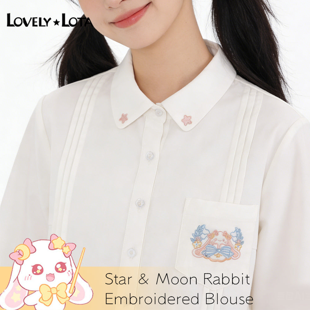 【IN STOCK】LovelyLota Original Star & Moon Rabbit IP White Blouse, Cute Cartoon Soft Kawaii Embroidered Long Sleeve Shirt, Casual Daily Top