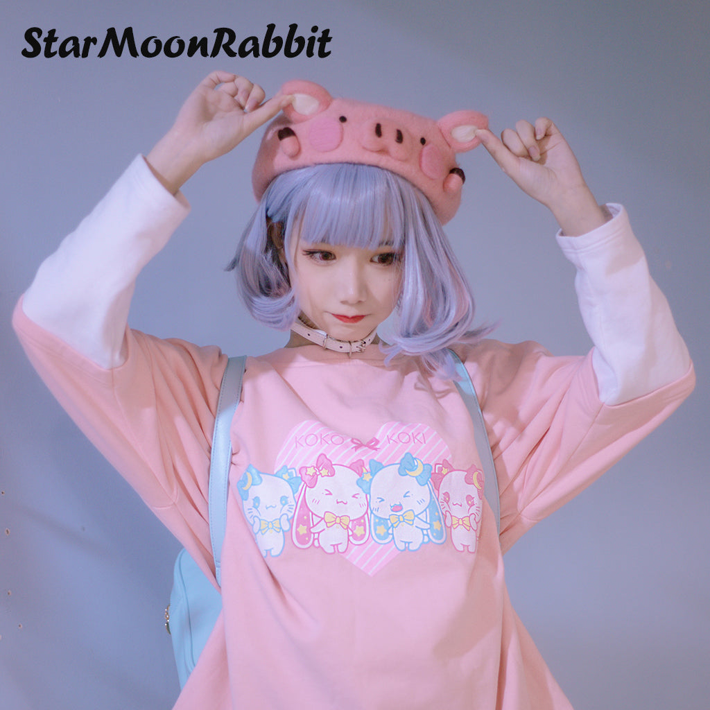 【IN STOCK】Original Moon-Star-Rabbit IP Pink Raglan Sleeve Illustration Printed Pullover