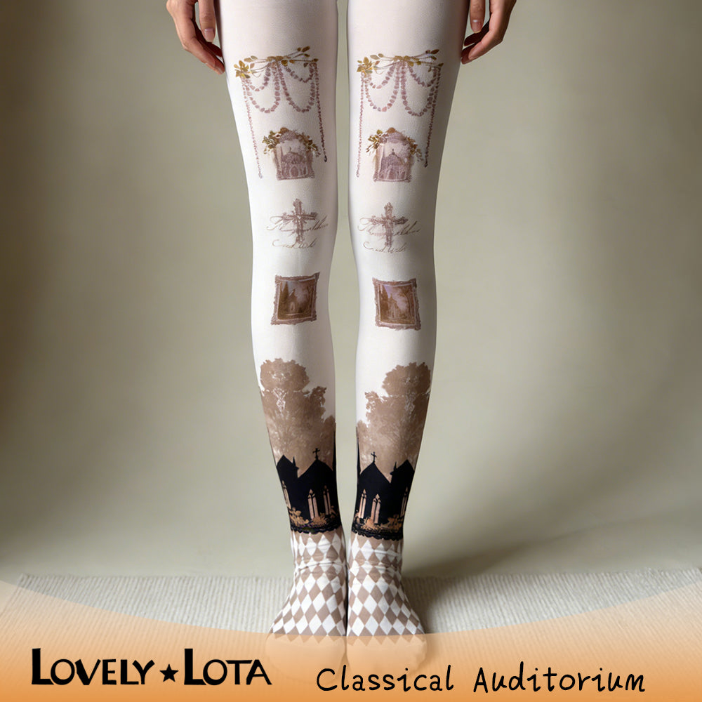【IN STOCK】LovelyLota Original Classical Auditorium Tights for Women, Cross Classic Lolita Print, 120D Velvet