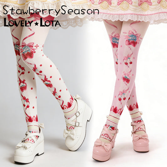 【In Stock】LovelyLota Original Strawberry Season Velvet Print Lolita Tights