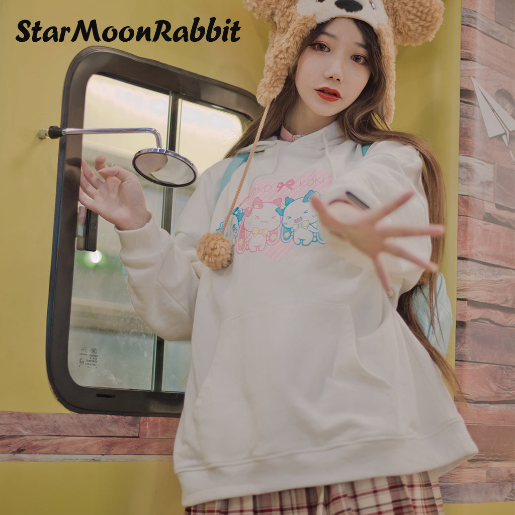 【IN STOCK】Original IP Moon-Star-Rabbit Sweatshirt: Cute Illustration Printed Long-Sleeve White Hoodie