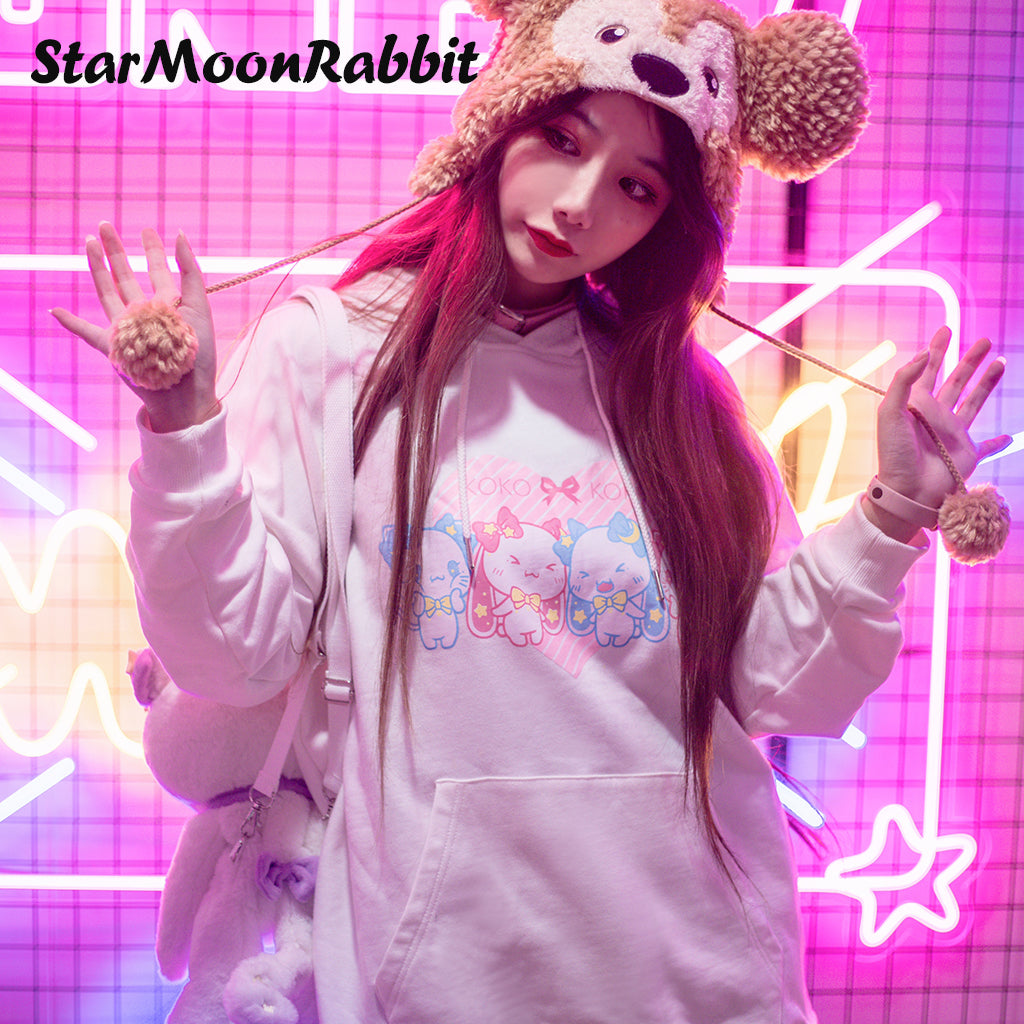 【IN STOCK】Original IP Moon-Star-Rabbit Sweatshirt: Cute Illustration Printed Long-Sleeve White Hoodie