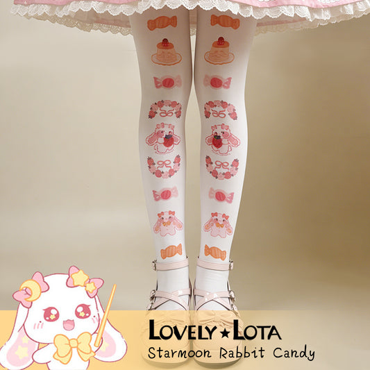In Stock | LovelyLota × Starmoon Rabbit Collaboration Candy Print Velvet Pantyhose 120D Lolita Stockings For Women