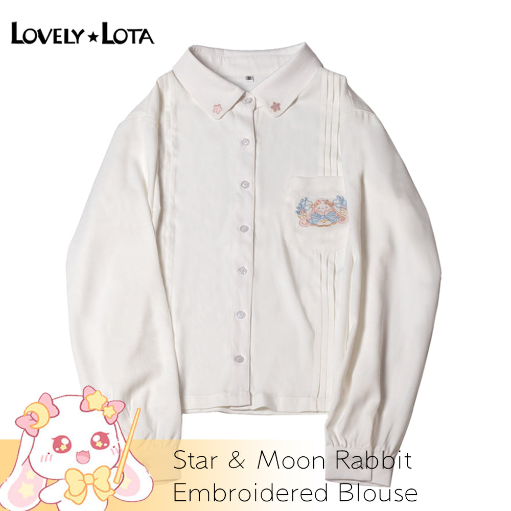 【IN STOCK】LovelyLota Original Star & Moon Rabbit IP White Blouse, Cute Cartoon Soft Kawaii Embroidered Long Sleeve Shirt, Casual Daily Top