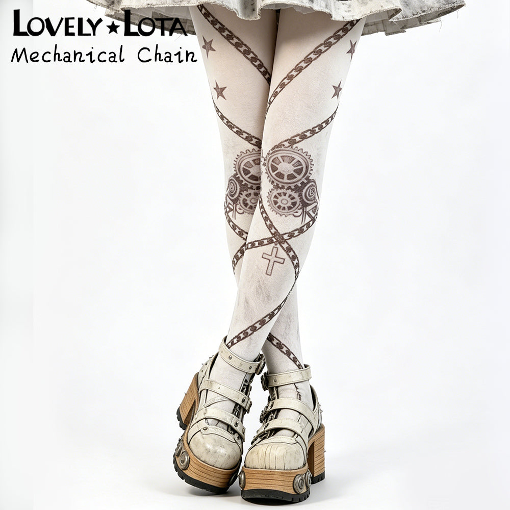【IN STOCK】LovelyLota Original Mechanical Punk Lolita Printed Tights - 80D Original Designed Printed Pantyhose