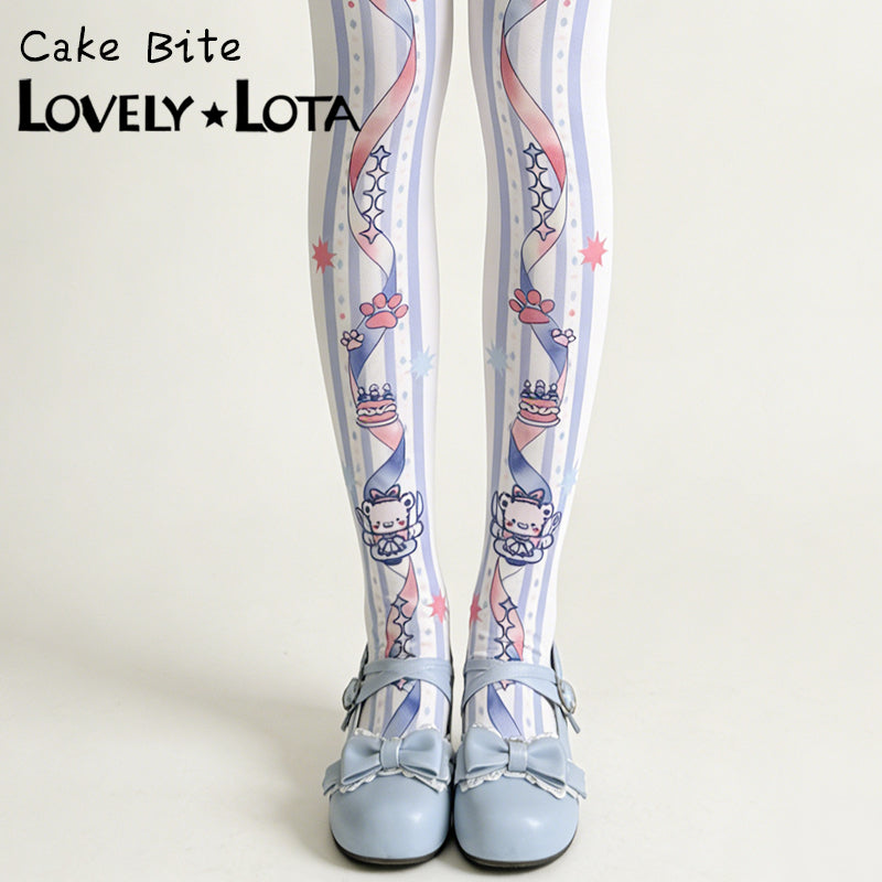 【IN STOCK】LovelyLota Original Cake Bite Cute Soft Aesthetic Lolita Printed Opaque Velvet Pantyhose 120D