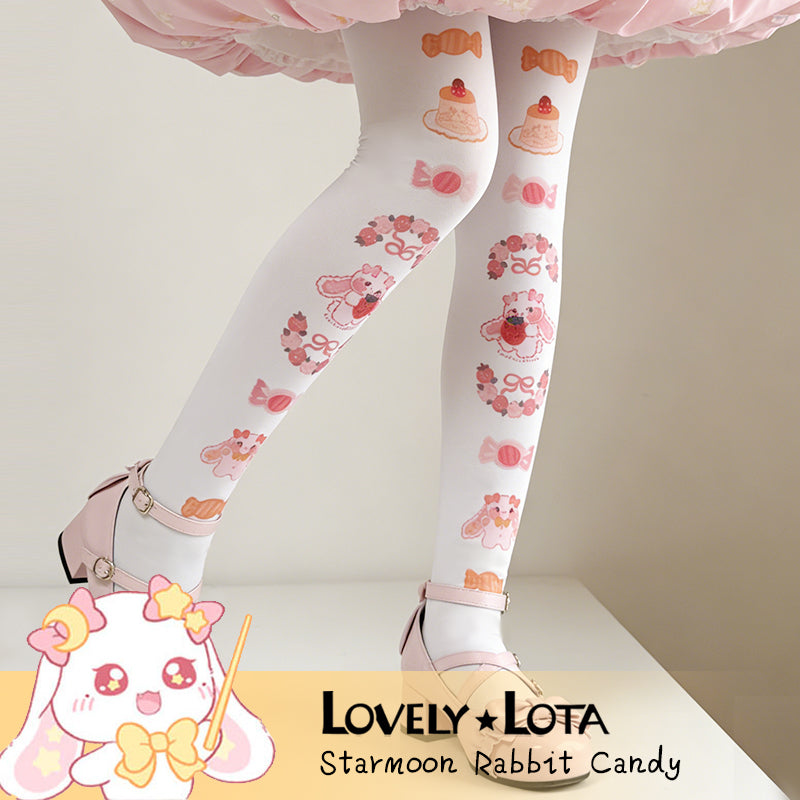 In Stock | LovelyLota × Starmoon Rabbit Collaboration Candy Print Velvet Pantyhose 120D Lolita Stockings For Women