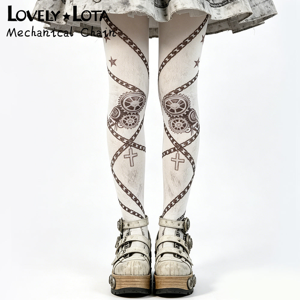 【IN STOCK】LovelyLota Original Mechanical Punk Lolita Printed Tights - 80D Original Designed Printed Pantyhose