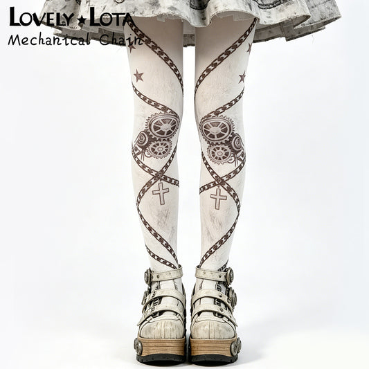 【IN STOCK】LovelyLota Original Mechanical Punk Lolita Printed Tights - 80D Original Designed Printed Pantyhose