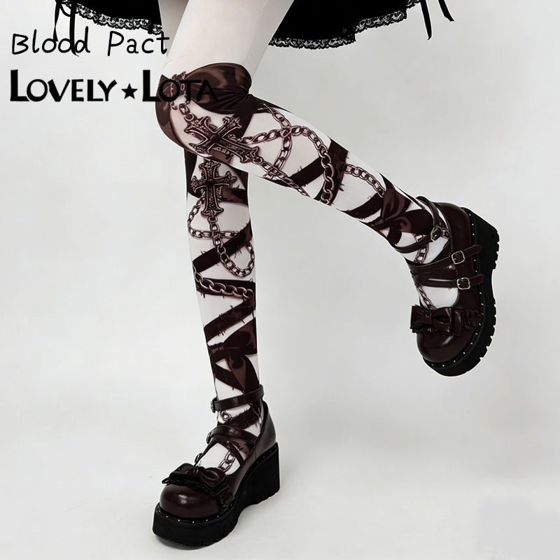 【IN STOCK】Original Crimson Contract Gothic Lolita Printed Pantyhose with Cross Pattern, 120D Velvet Stockings by Maiden Seven Sweet
