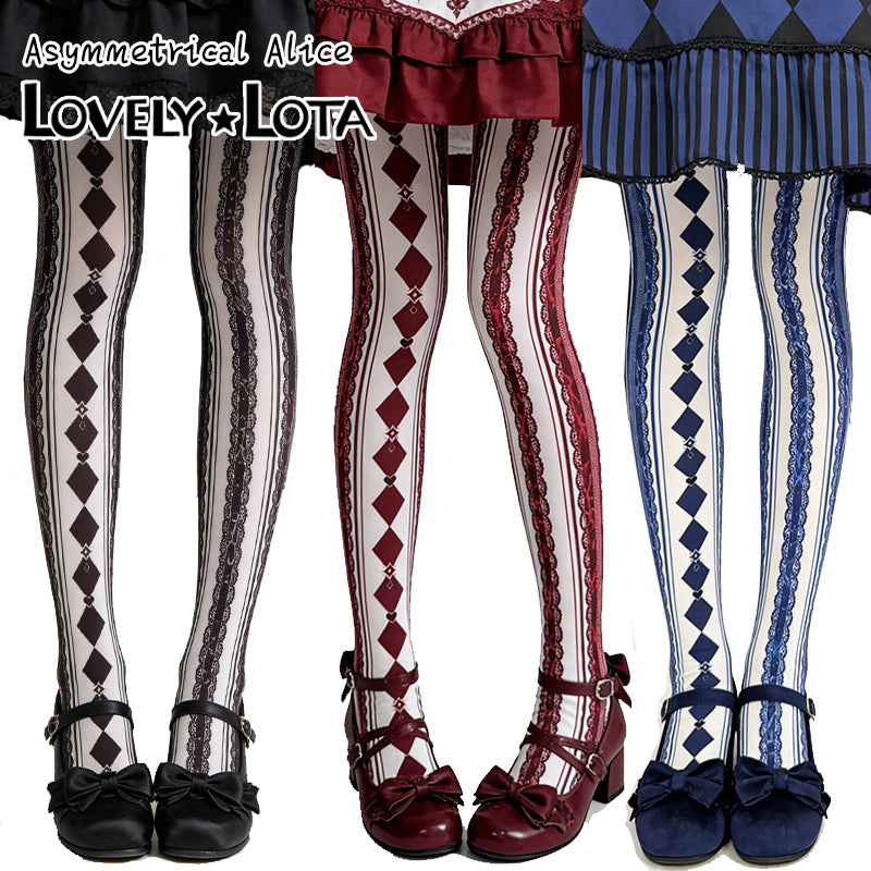 【IN STOCK】LovelyLota Asymmetrical Alice Gothic Lolita Printed Velvet Pantyhose 120D Opaque Tights