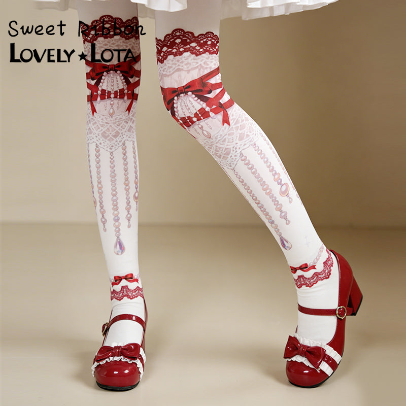 【IN STOCK】Maiden Seven Sweet Original Sweet Ribbon Luxury Lolita Printed Velvet Pantyhose, 120D For Women