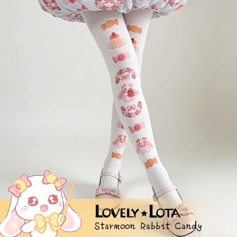 In Stock | LovelyLota × Starmoon Rabbit Collaboration Candy Print Velvet Pantyhose 120D Lolita Stockings For Women