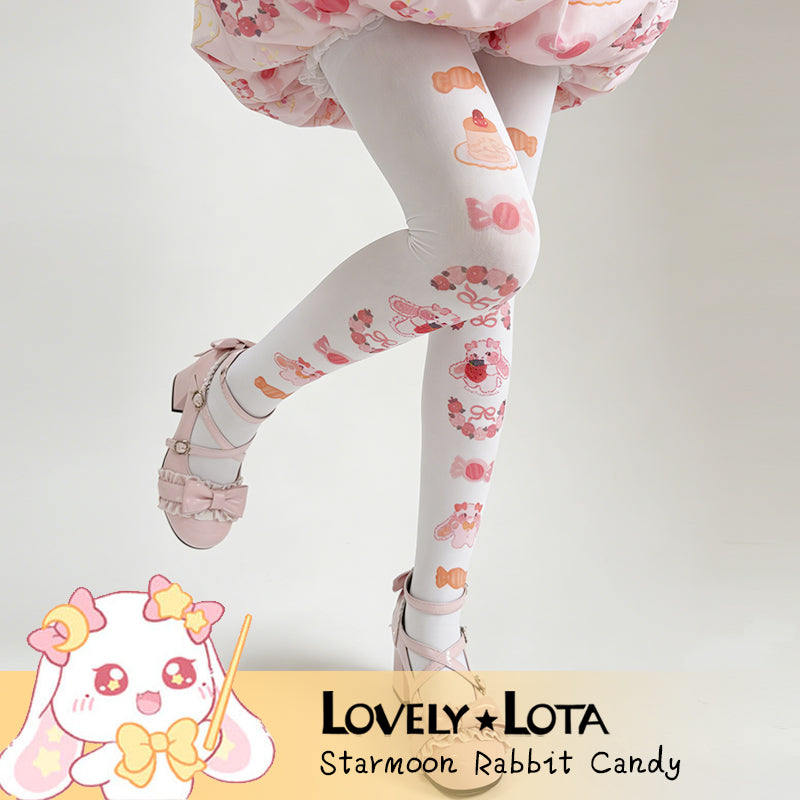 In Stock | LovelyLota × Starmoon Rabbit Collaboration Candy Print Velvet Pantyhose 120D Lolita Stockings For Women