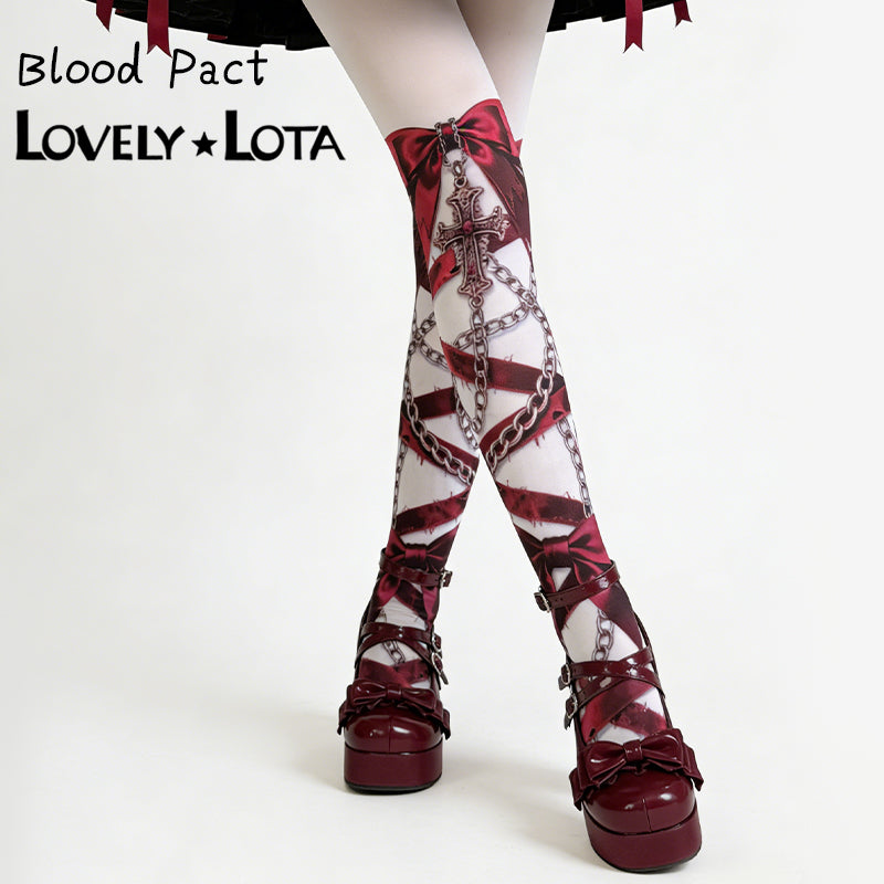 【IN STOCK】Original Crimson Contract Gothic Lolita Printed Pantyhose with Cross Pattern, 120D Velvet Stockings by Maiden Seven Sweet