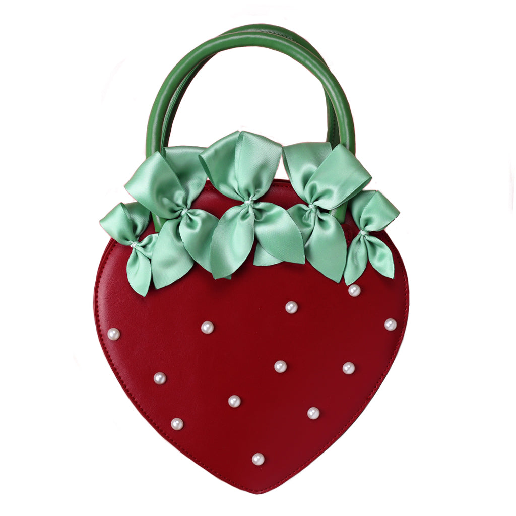 LovelyLota Small Strawberry Pearl Red Bow Tote Crossbody Lolita Bag